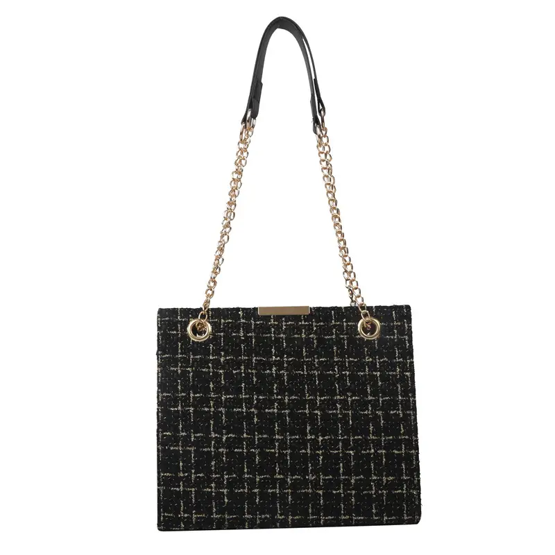 Women's Black Plaid Shoulder Bag with Gold Chain - Image 9