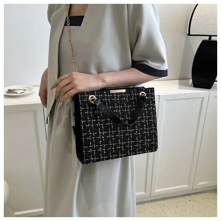 Women's Black Plaid Shoulder Bag with Gold Chain — feature 14