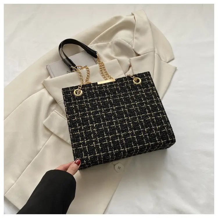 Women's Black Plaid Shoulder Bag with Gold Chain — feature 23