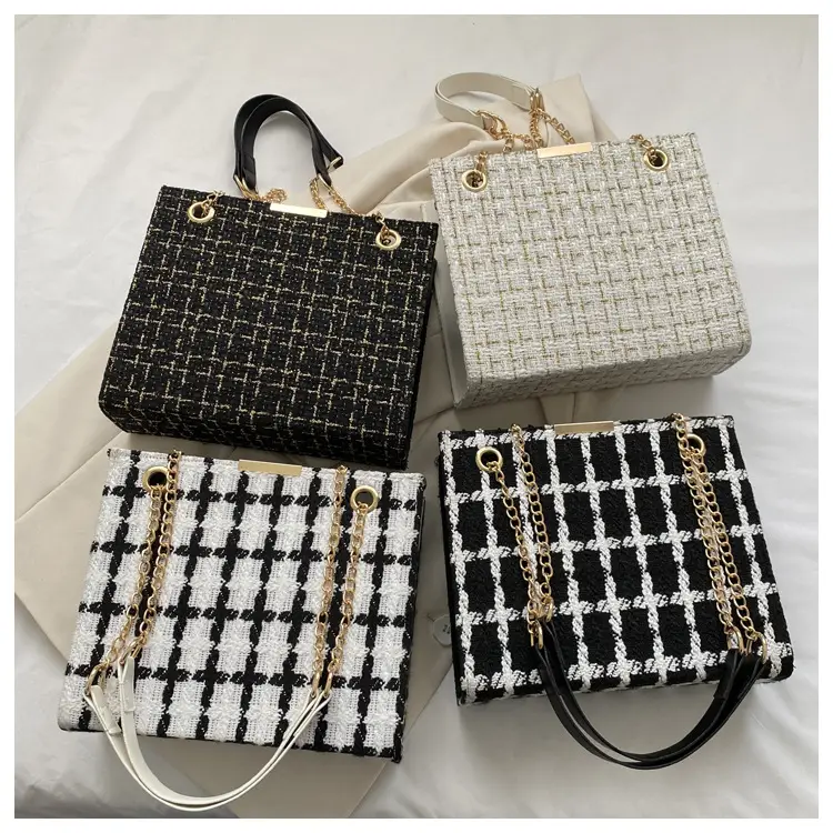 Women's Black Plaid Shoulder Bag with Gold Chain — feature 25