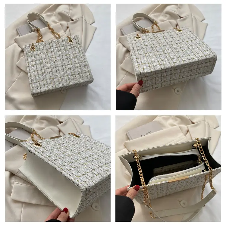 Women's Black Plaid Shoulder Bag with Gold Chain — feature 8