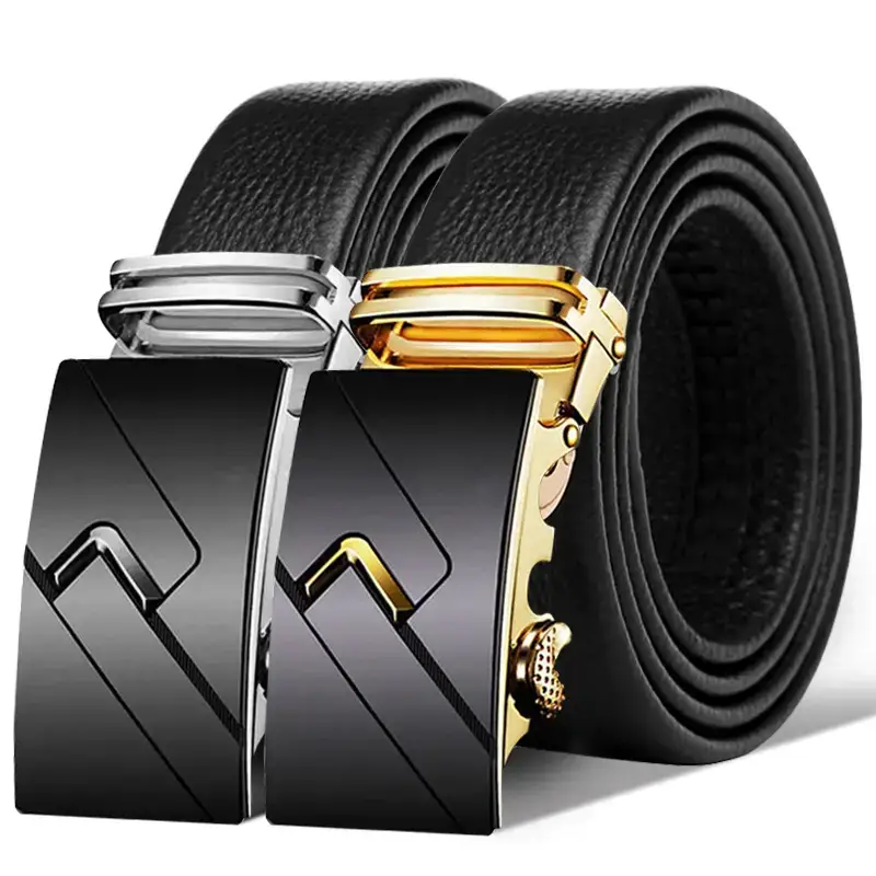 Men's Black Leather Belt with Gold Buckle Business Casual - Image 3
