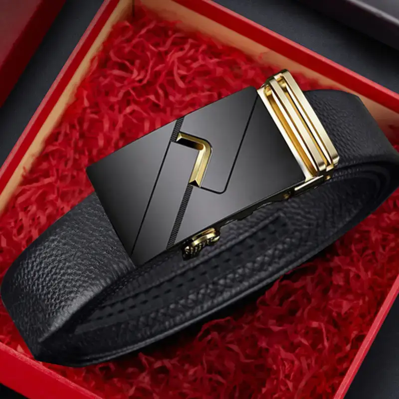 Men's Black Leather Belt with Gold Buckle Business Casual - Image 4