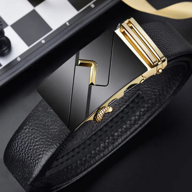 Men's Black Leather Belt with Gold Buckle Business Casual - Image 5