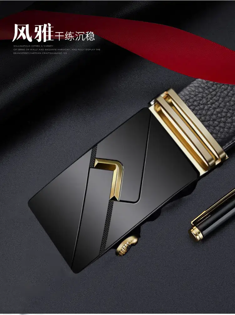 Men's Black Leather Belt with Gold Buckle Business Casual β feature 2