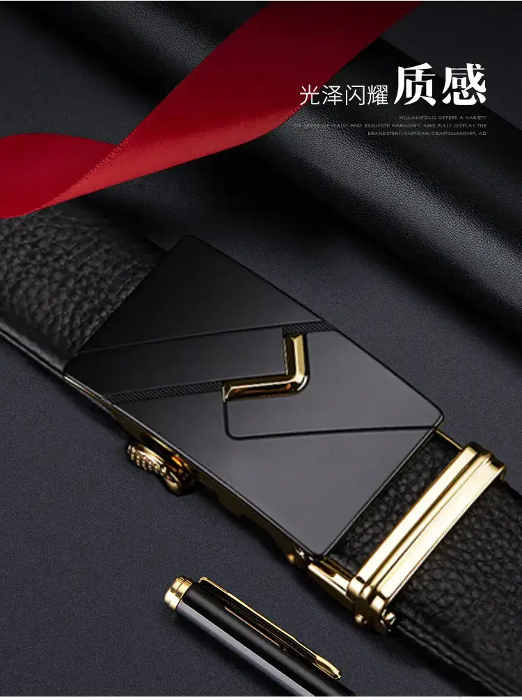 Men's Black Leather Belt with Gold Buckle Business Casual β feature 3