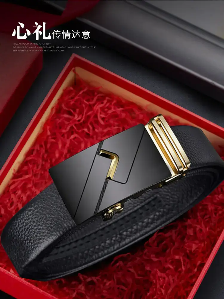 Men's Black Leather Belt with Gold Buckle Business Casual β feature 4