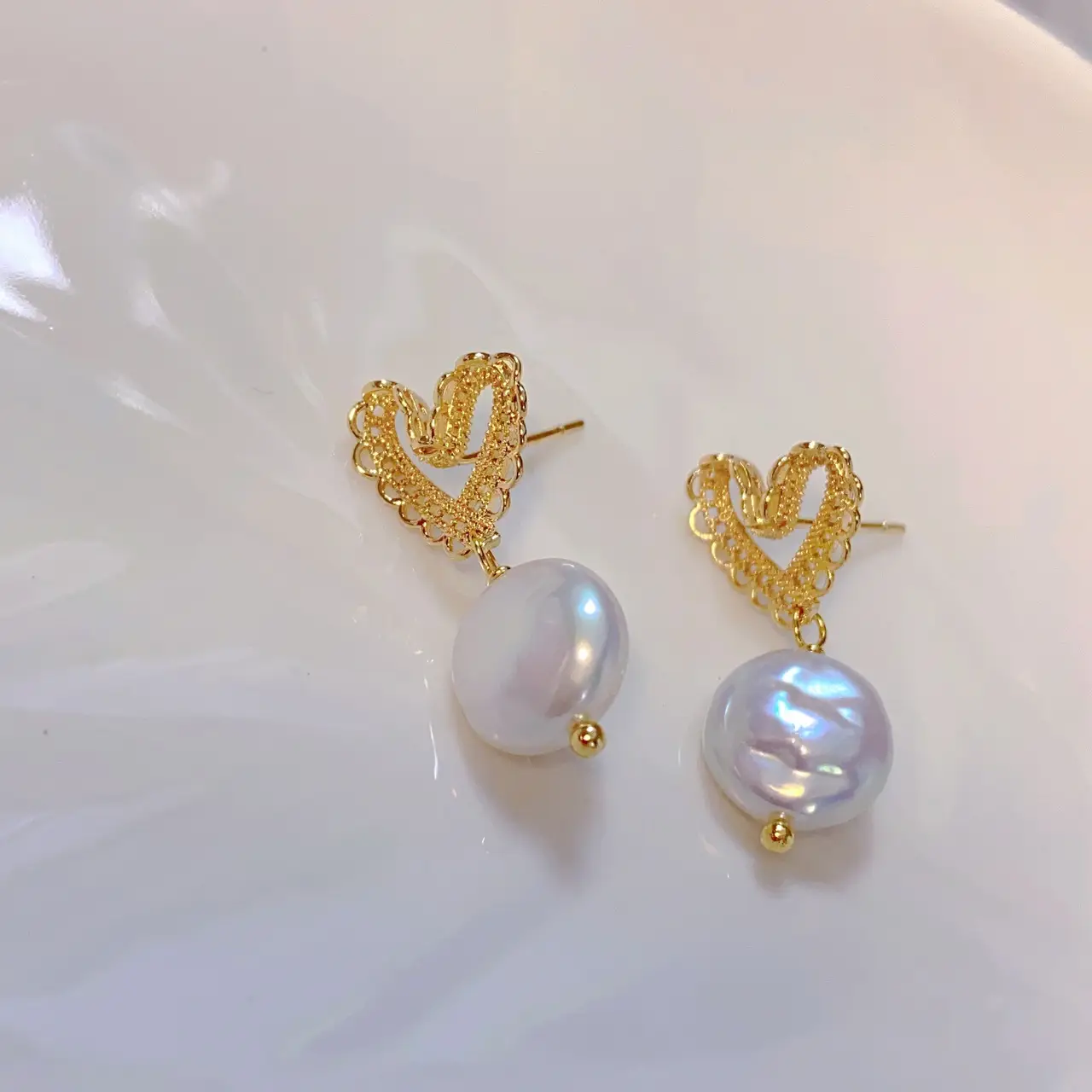 Japanese Style Pearl Heart Earrings for Women - Image 2