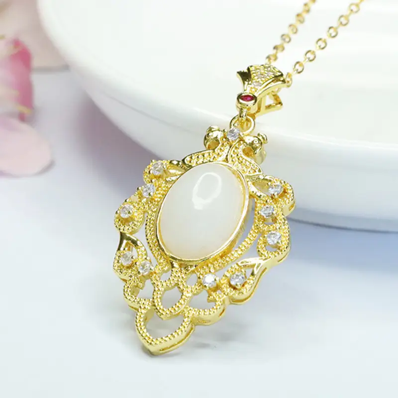 White Jade Leaf Necklace with Gold Plated Pendant - Image 3