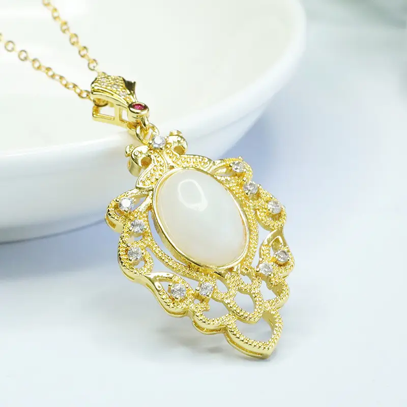 White Jade Leaf Necklace with Gold Plated Pendant - Image 4