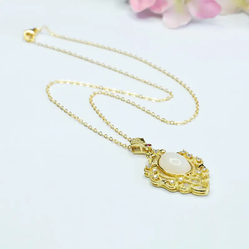White Jade Leaf Necklace with Gold Plated Pendant - Image 5