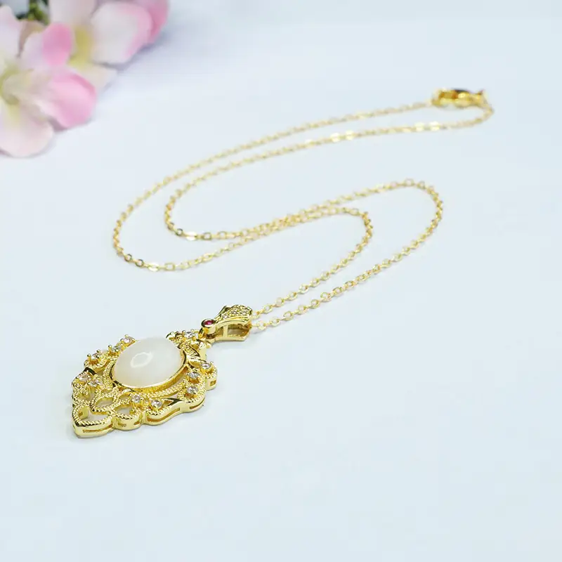 White Jade Leaf Necklace with Gold Plated Pendant — feature 12