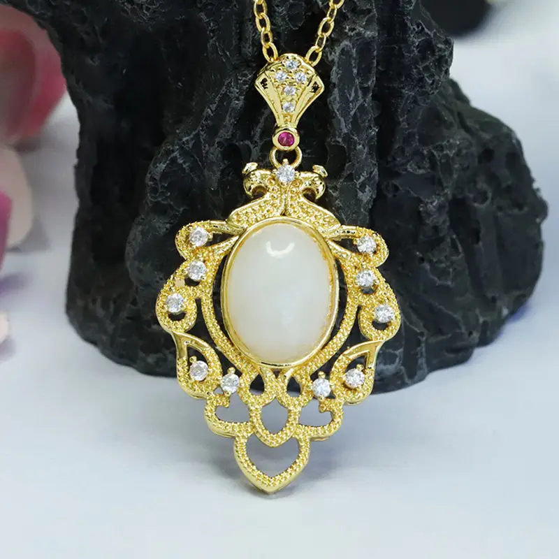 White Jade Leaf Necklace with Gold Plated Pendant — feature 7