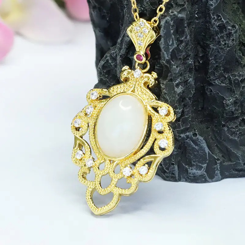 White Jade Leaf Necklace with Gold Plated Pendant — feature 9
