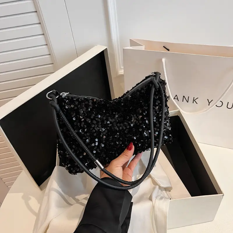 Black Sequined Shoulder Bag with Crossbody Handle - Image 4