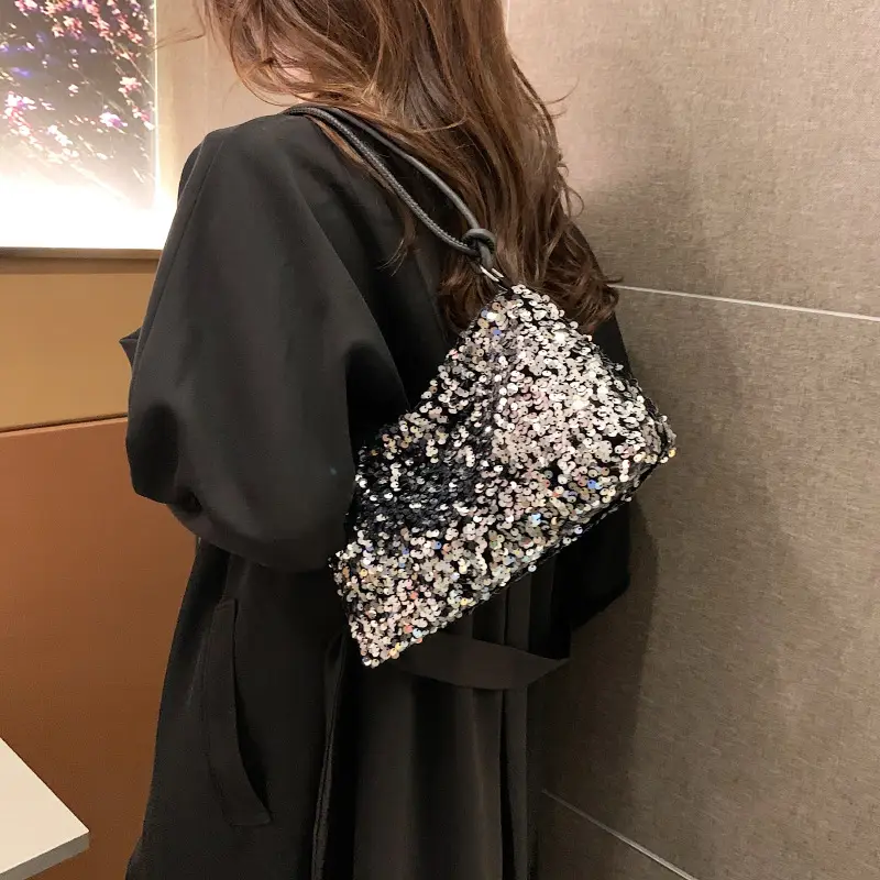 Black Sequined Shoulder Bag with Crossbody Handle - Image 5