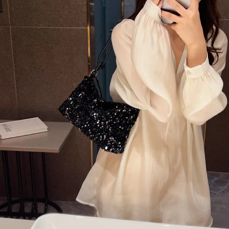 Black Sequined Shoulder Bag with Crossbody Handle - Image 6