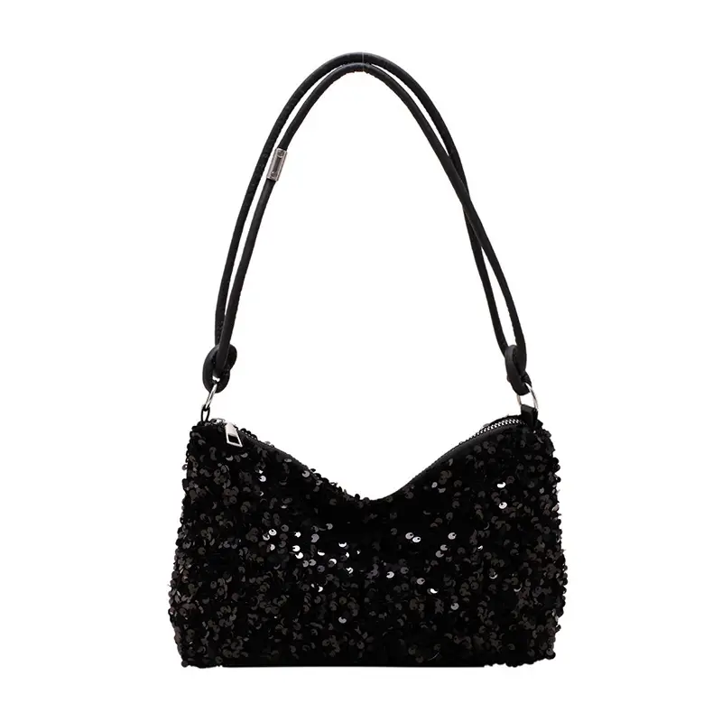 Black Sequined Shoulder Bag with Crossbody Handle - Image 7
