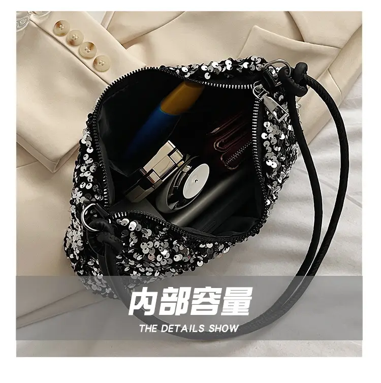 Black Sequined Shoulder Bag with Crossbody Handle — feature 10