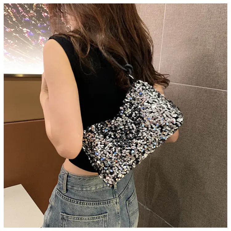 Black Sequined Shoulder Bag with Crossbody Handle — feature 11