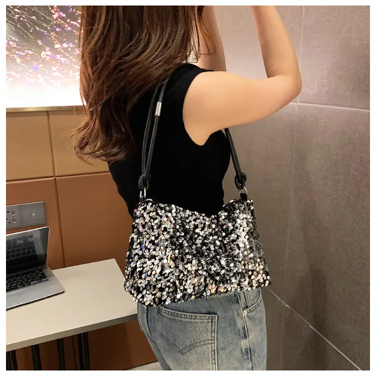 Black Sequined Shoulder Bag with Crossbody Handle — feature 12