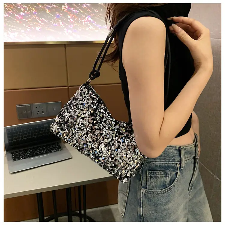 Black Sequined Shoulder Bag with Crossbody Handle — feature 13