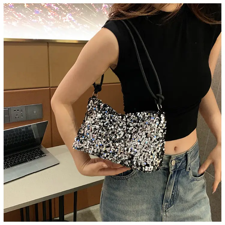 Black Sequined Shoulder Bag with Crossbody Handle — feature 14