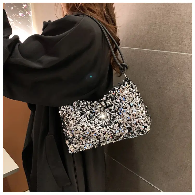 Black Sequined Shoulder Bag with Crossbody Handle — feature 15