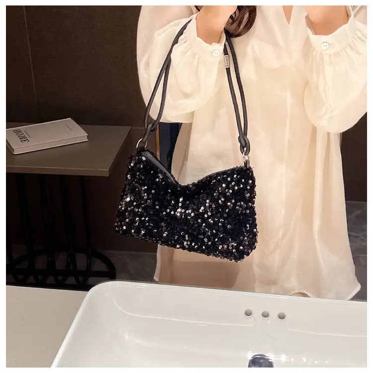 Black Sequined Shoulder Bag with Crossbody Handle — feature 16