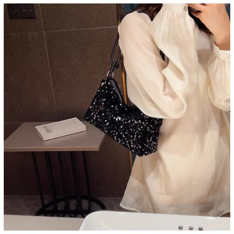 Black Sequined Shoulder Bag with Crossbody Handle — feature 17