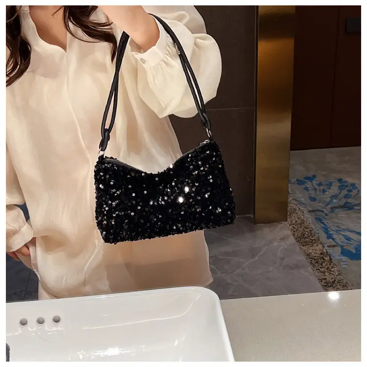 Black Sequined Shoulder Bag with Crossbody Handle — feature 18