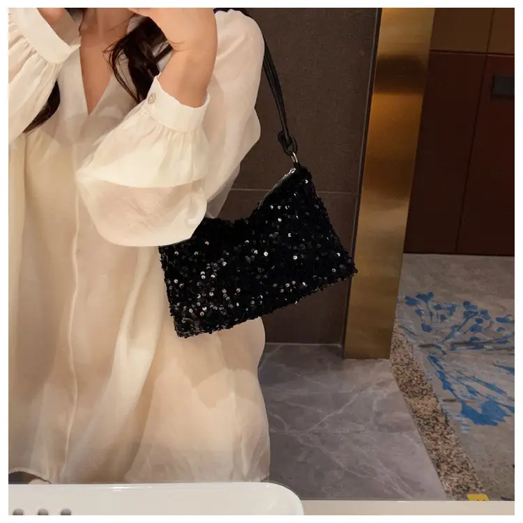 Black Sequined Shoulder Bag with Crossbody Handle — feature 19