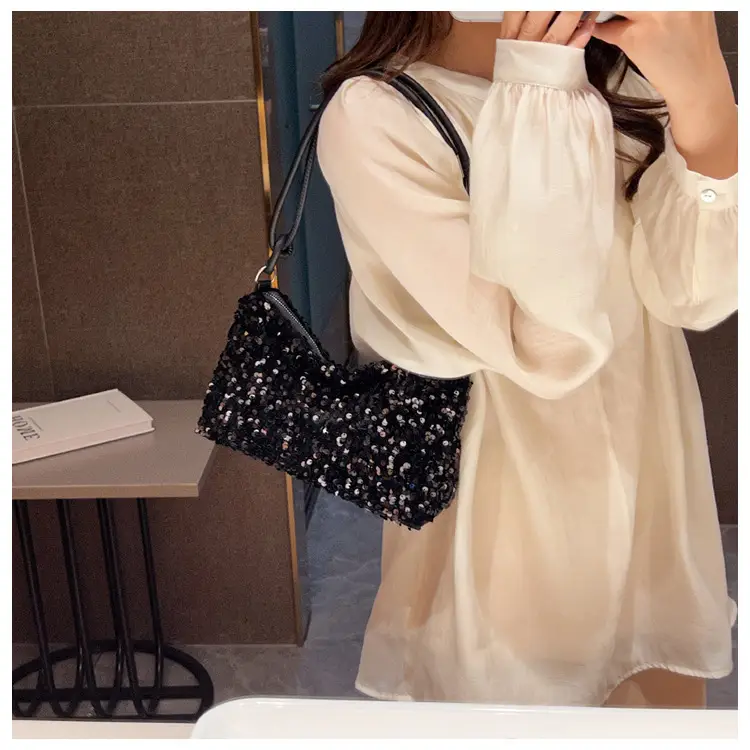 Black Sequined Shoulder Bag with Crossbody Handle — feature 20