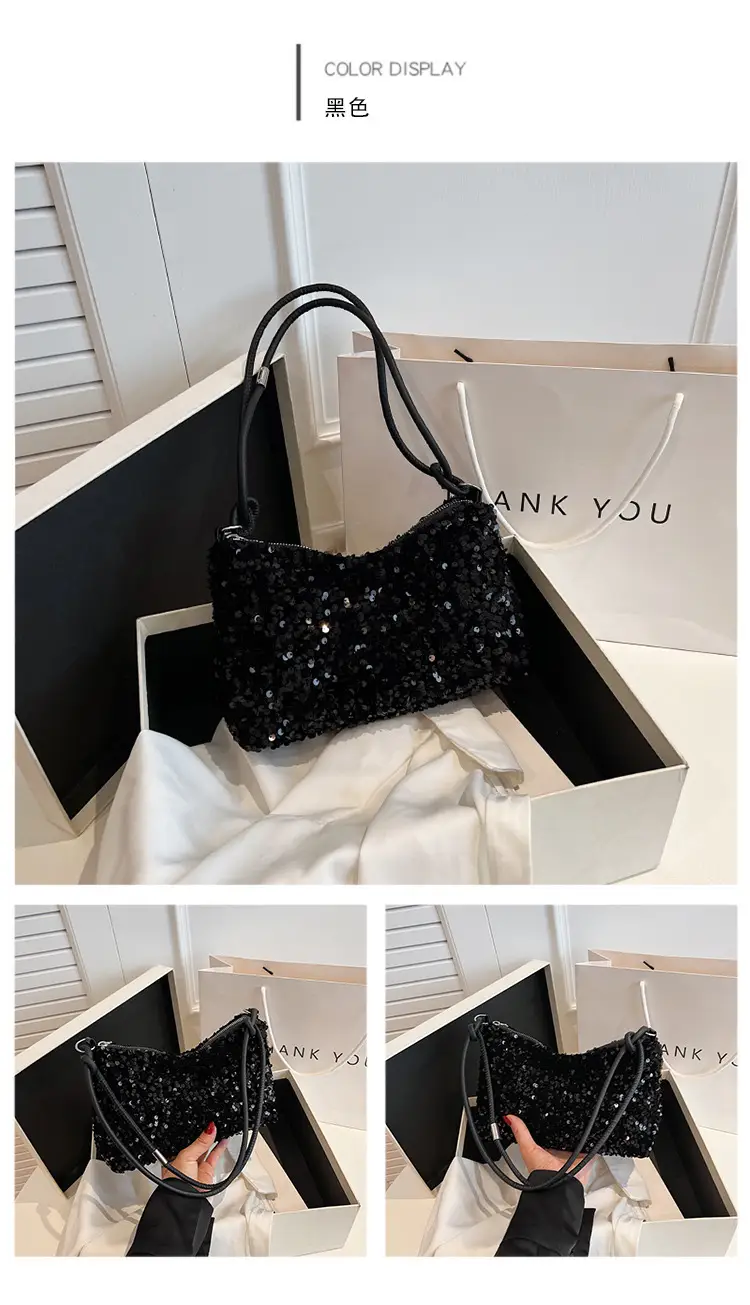 Black Sequined Shoulder Bag with Crossbody Handle — feature 21