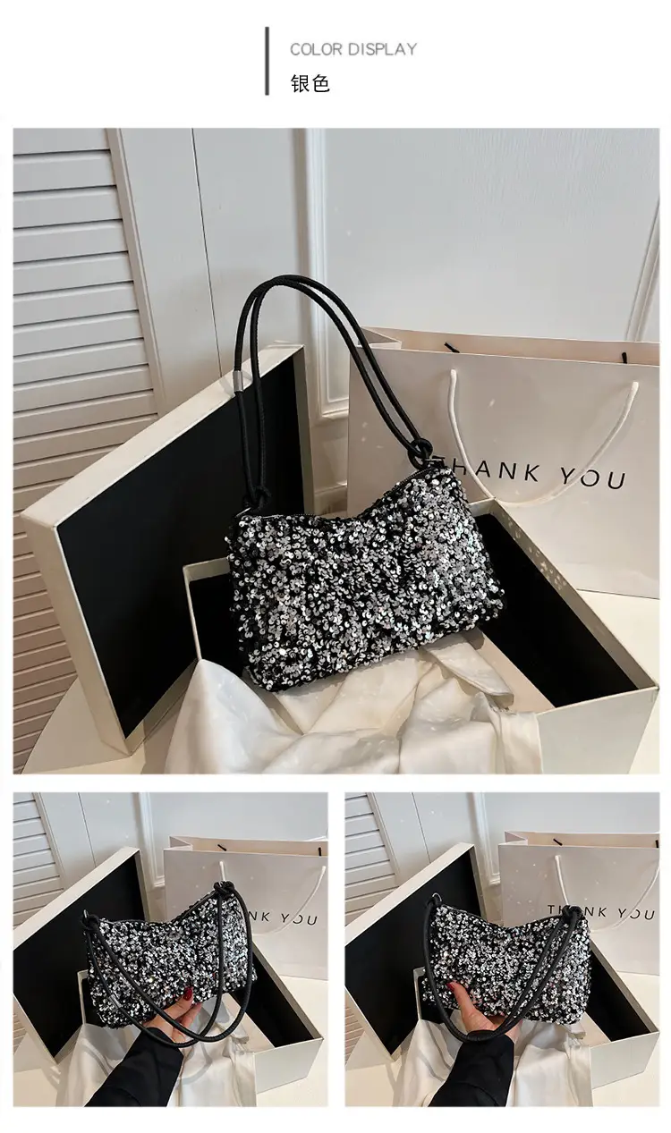 Black Sequined Shoulder Bag with Crossbody Handle — feature 22
