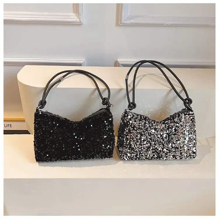 Black Sequined Shoulder Bag with Crossbody Handle — feature 23