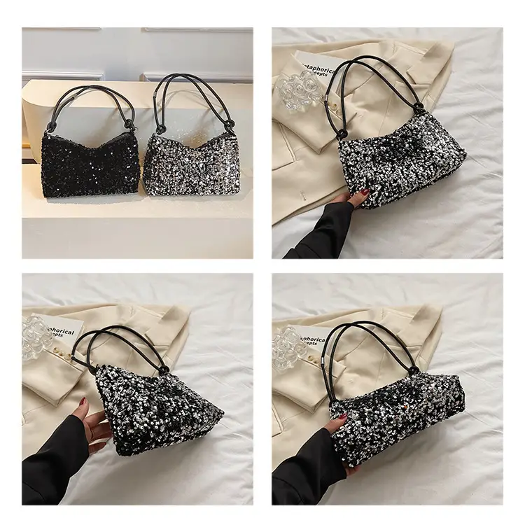 Black Sequined Shoulder Bag with Crossbody Handle — feature 5