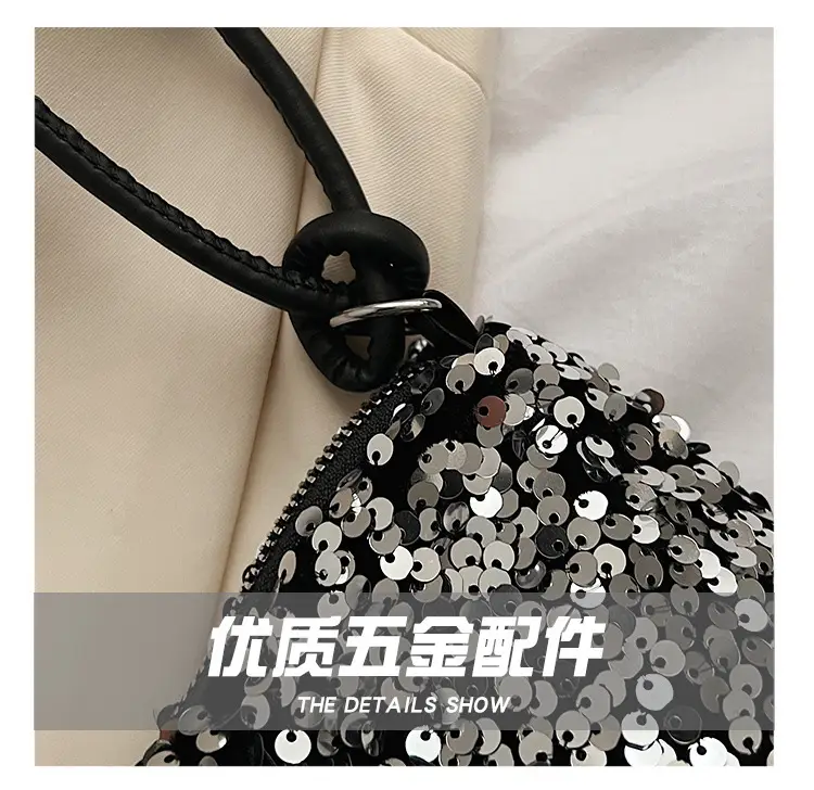Black Sequined Shoulder Bag with Crossbody Handle — feature 7