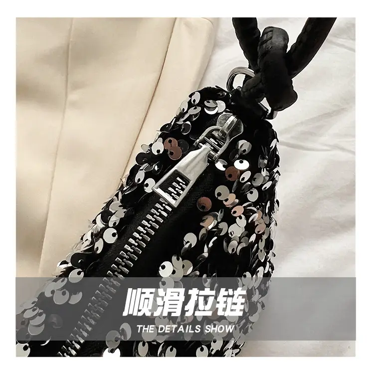 Black Sequined Shoulder Bag with Crossbody Handle — feature 8