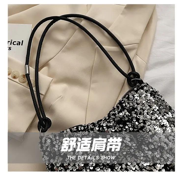 Black Sequined Shoulder Bag with Crossbody Handle — feature 9