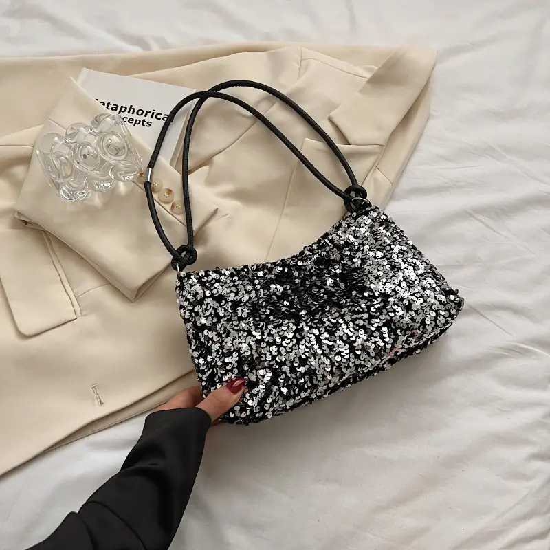 Black Sequined Shoulder Bag with Crossbody Handle - Image 2