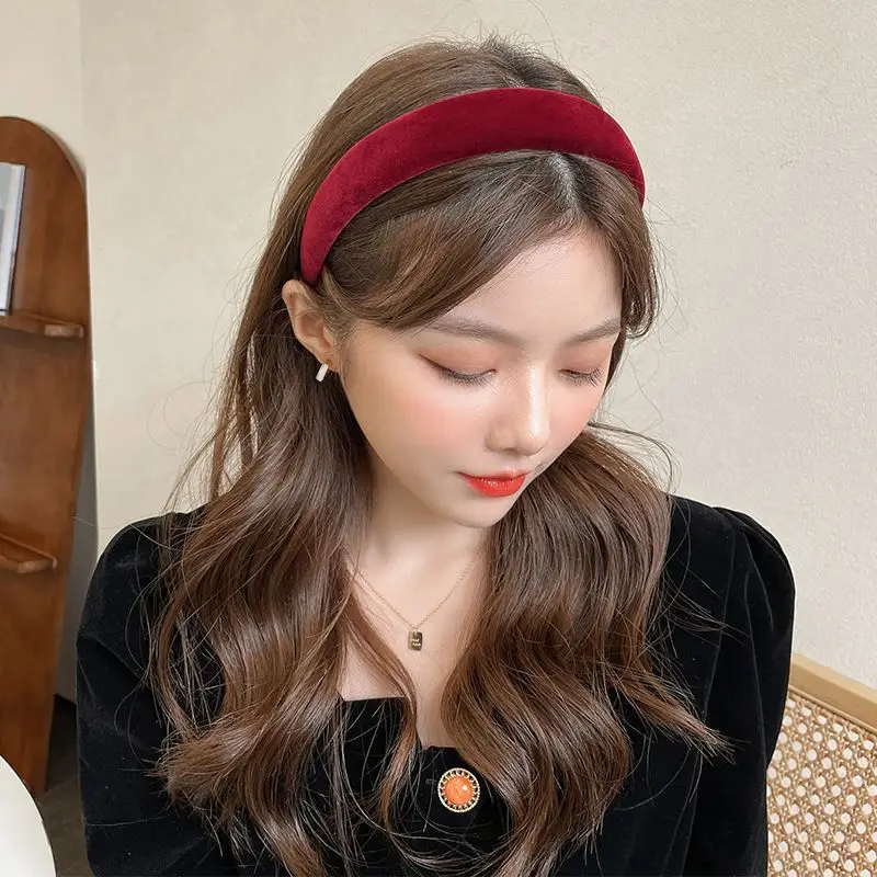 French Velvet Sponge Hair Band Red Wide Bristle - Image 10