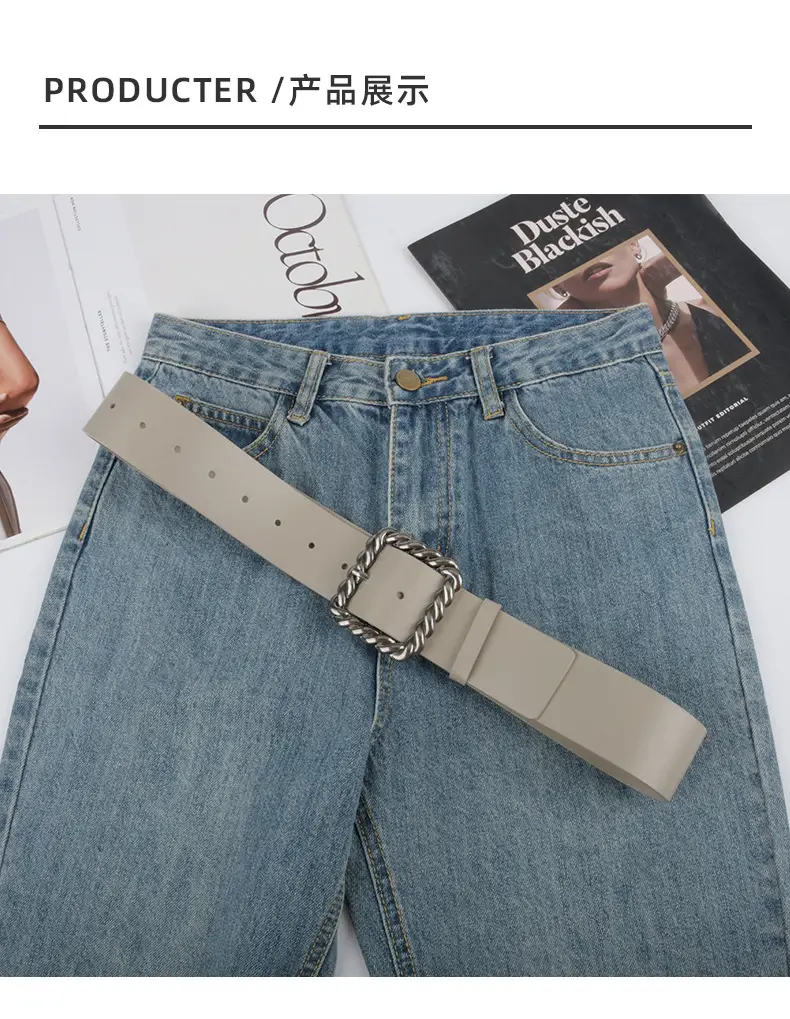 Women's Black Genuine Leather Wide Belt with Rope Buckle β feature 10