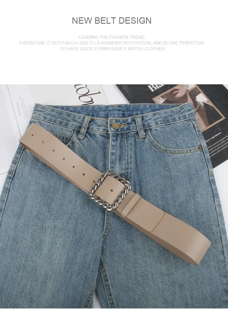 Women's Black Genuine Leather Wide Belt with Rope Buckle β feature 13