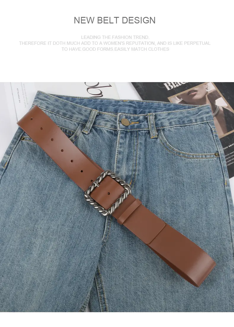 Women's Black Genuine Leather Wide Belt with Rope Buckle β feature 14
