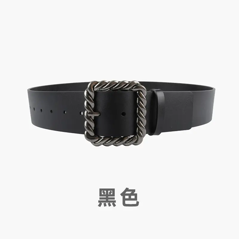 Women's Black Genuine Leather Wide Belt with Rope Buckle