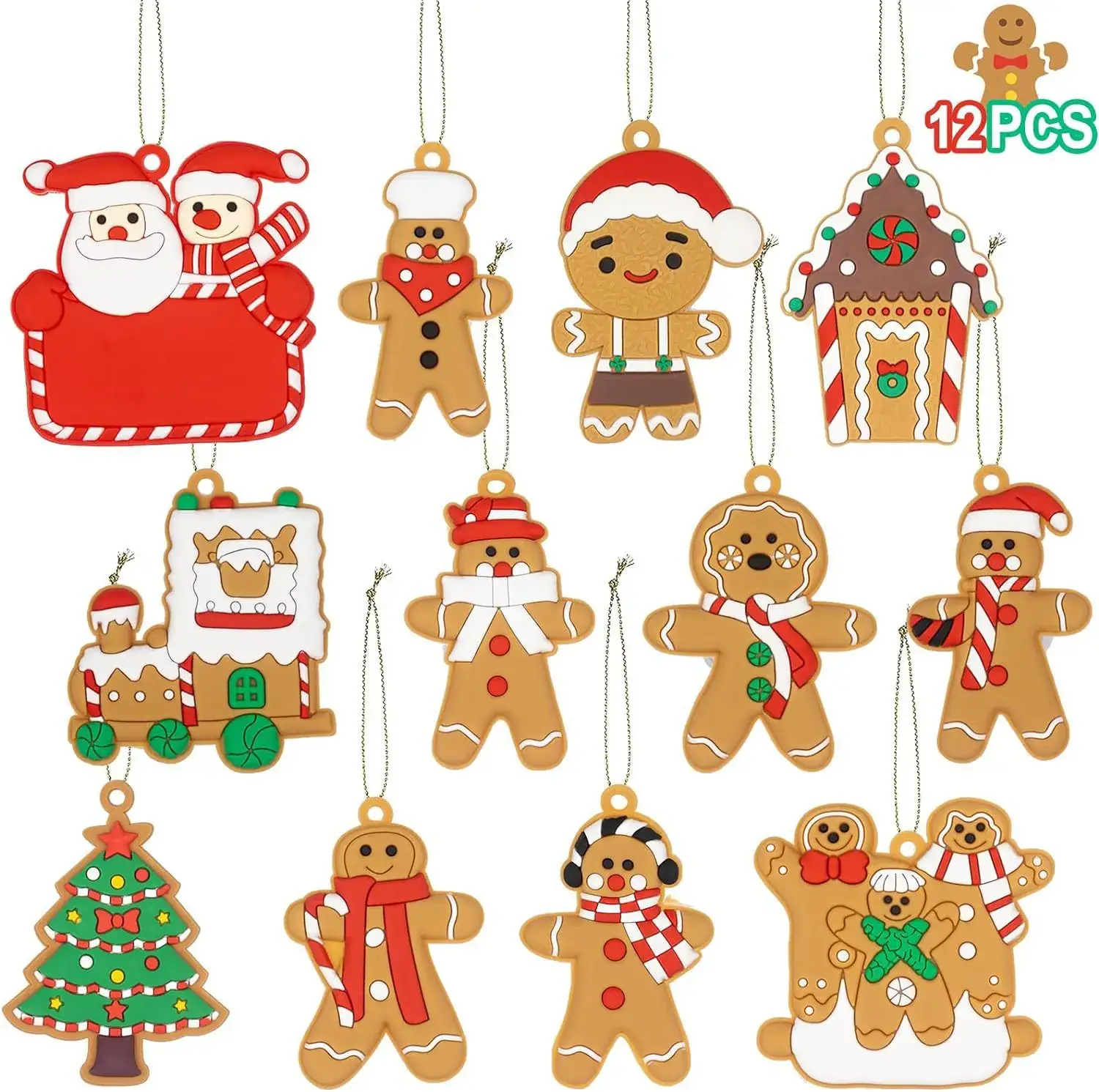 Classic Christmas Gingerbread Man Hanging Ornaments Set