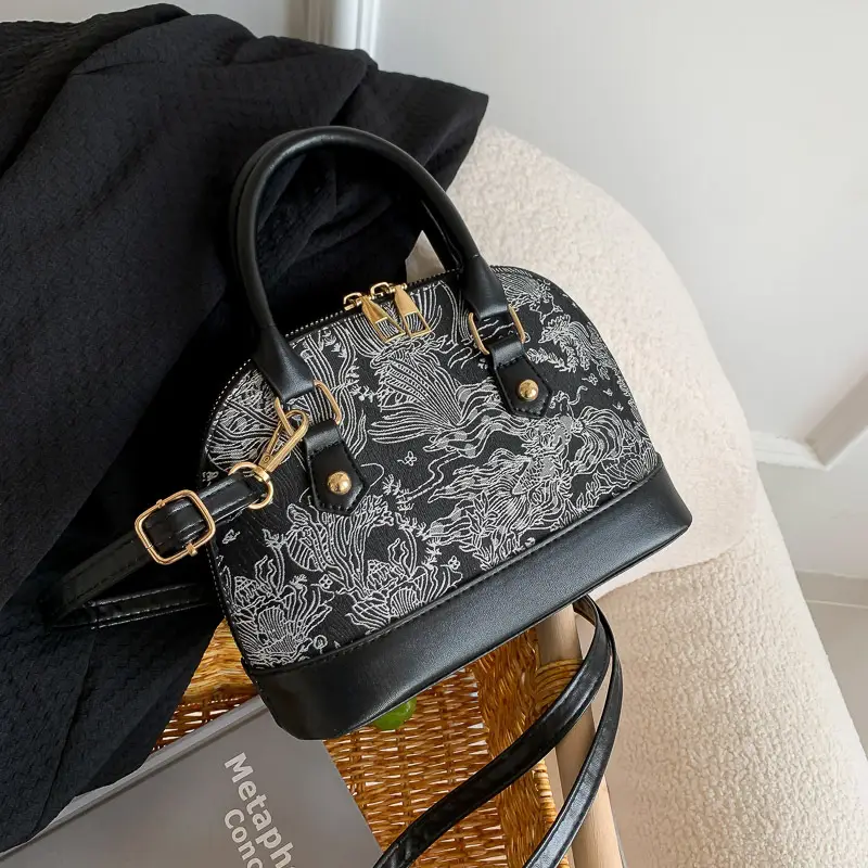 Black Embroidered Shoulder Messenger Bag for Women