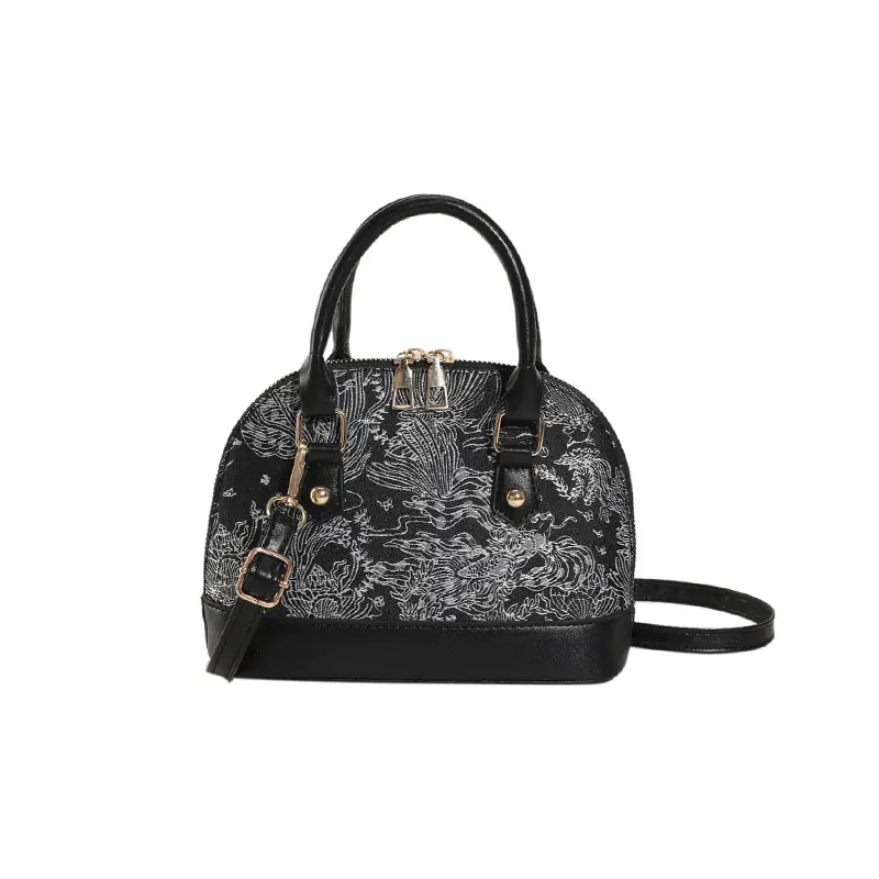 Black Embroidered Shoulder Messenger Bag for Women