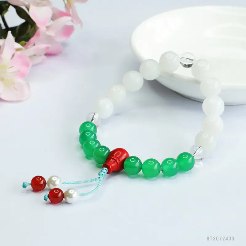 Guan Yu Jade Bracelet with 18 Green & Red Seeds - Image 3